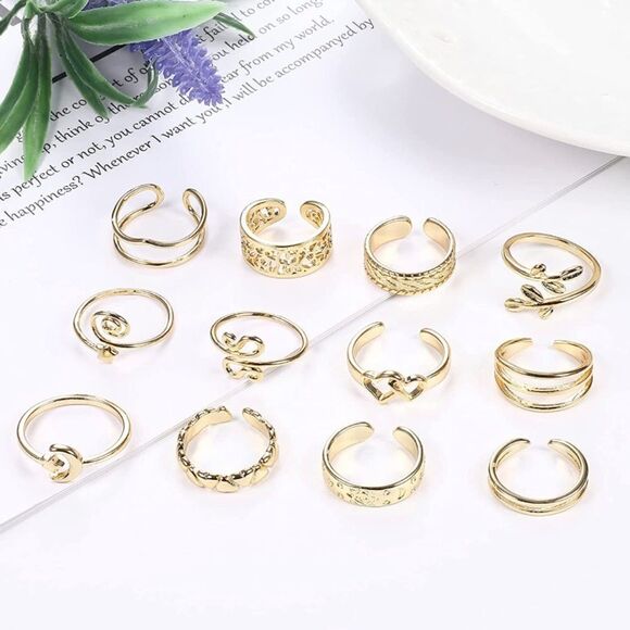 14K Yellow Gold Adjustable Boho Open Toe Rings - Set of 12 - Picture 2 of 6